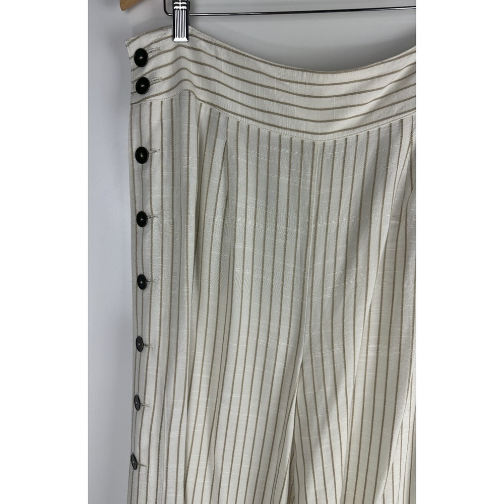 by Anthropologie Buttoned Wide Leg Pants Cream Stripe High Rise Ankle US Size 14 - Picture 4 of 13